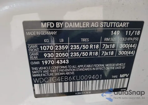 2019 Mercedes-Benz Gla 250 из США, поврежденный, VIN WDCTG4EB6KU009401